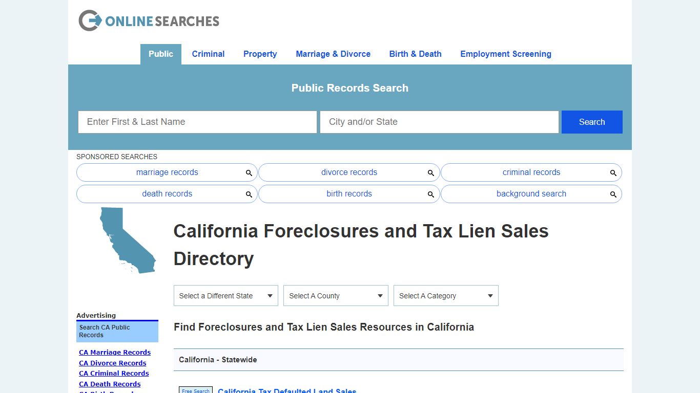 California Foreclosures and Tax Lien Sales Search Directory